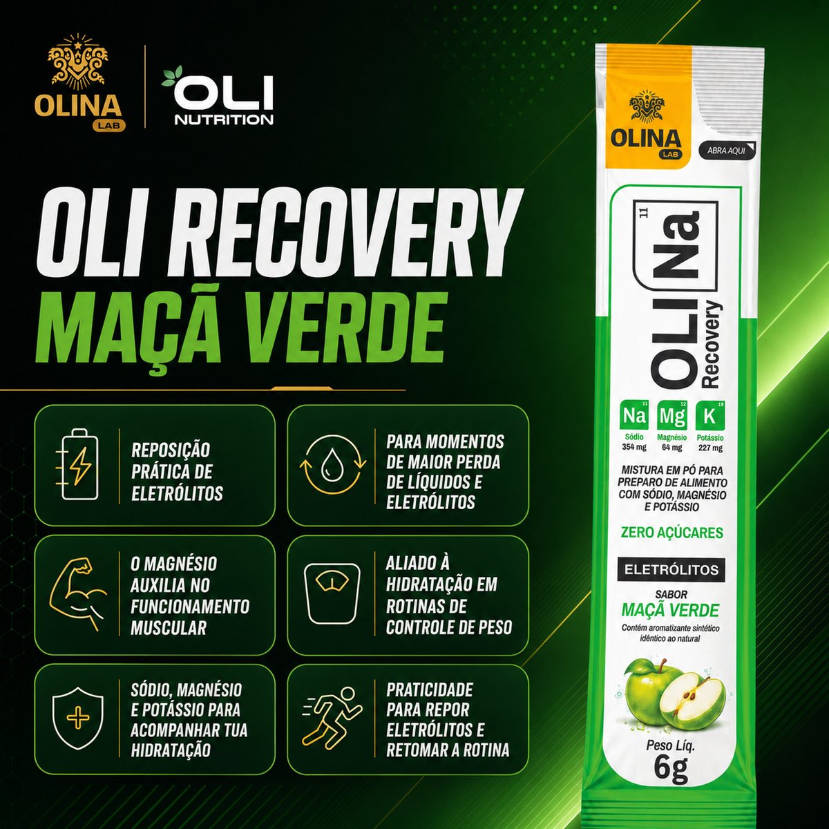 Peça Oli Recovery Maçã Verde com os seis benefícios: reposição prática de eletrólitos; para momentos de maior perda de líquidos e eletrólitos; o magnésio auxilia no funcionamento muscular; aliado à hidratação em rotinas de controle de peso; sódio, magnésio e potássio para acompanhar tua hidratação; praticidade para repor eletrólitos e retomar a rotina