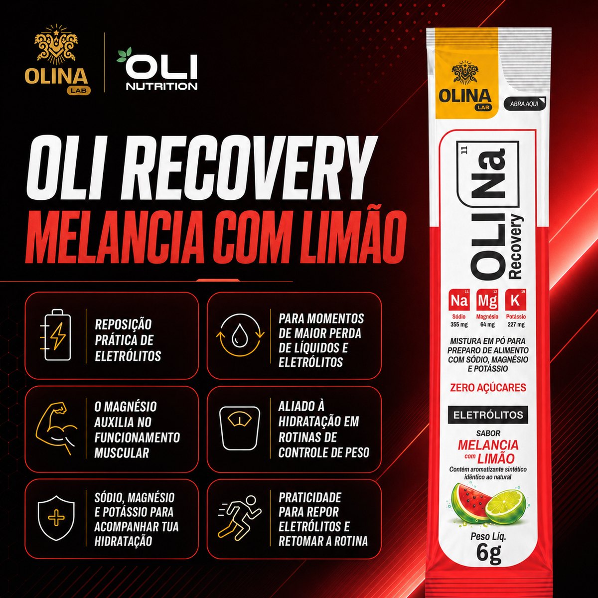 Peça Oli Recovery Melancia com Limão com os seis benefícios: reposição prática de eletrólitos; para momentos de maior perda de líquidos e eletrólitos; o magnésio auxilia no funcionamento muscular; aliado à hidratação em rotinas de controle de peso; sódio, magnésio e potássio para acompanhar tua hidratação; praticidade para repor eletrólitos e retomar a rotina
