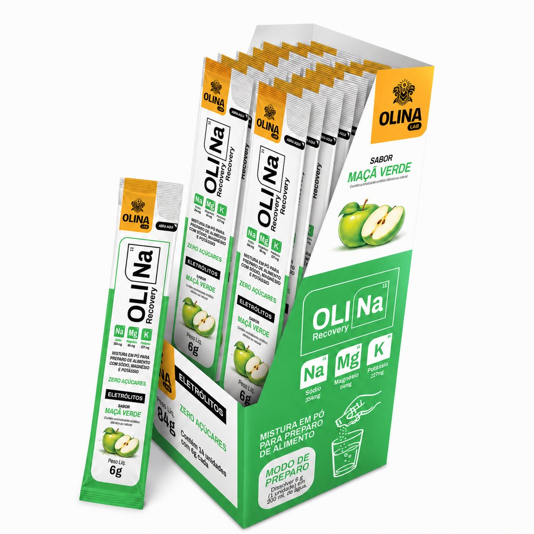 Display aberto de Oli Recovery Maçã Verde, com os sachês em pé