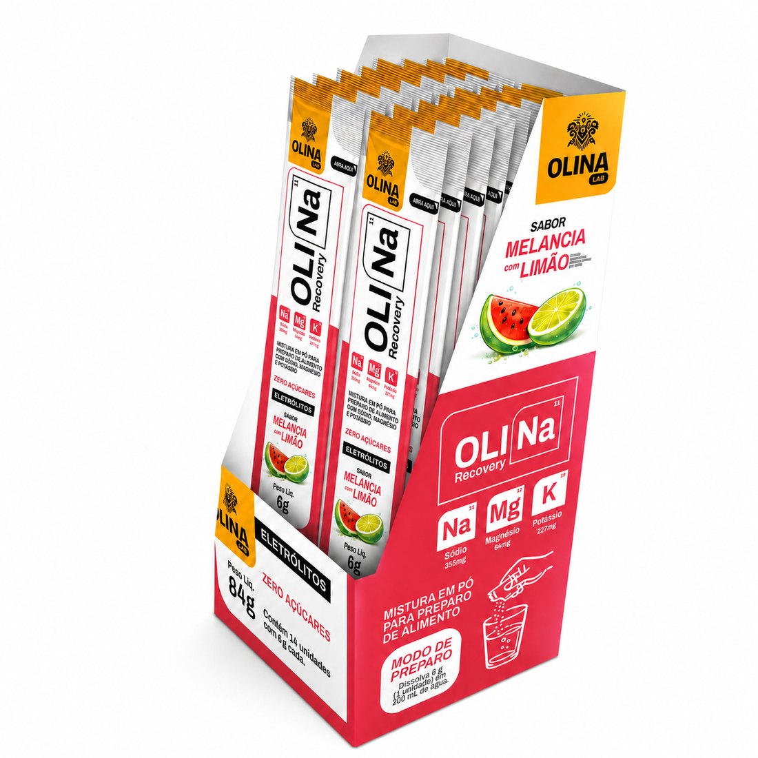 Display aberto de Oli Recovery Melancia com Limão, com os sachês em pé