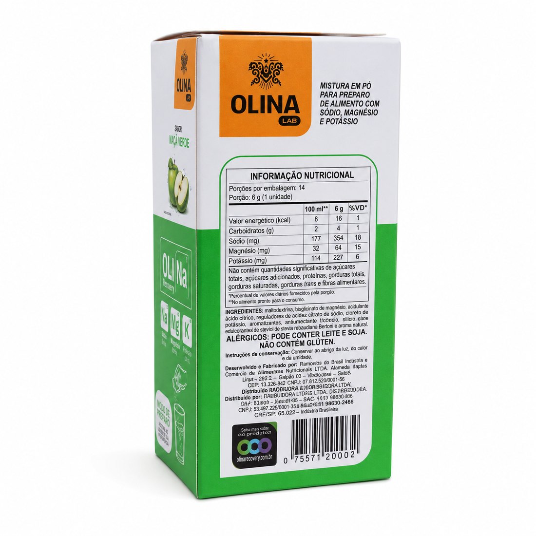 Painel de informação nutricional impresso no display do Oli Recovery sabor Maçã Verde